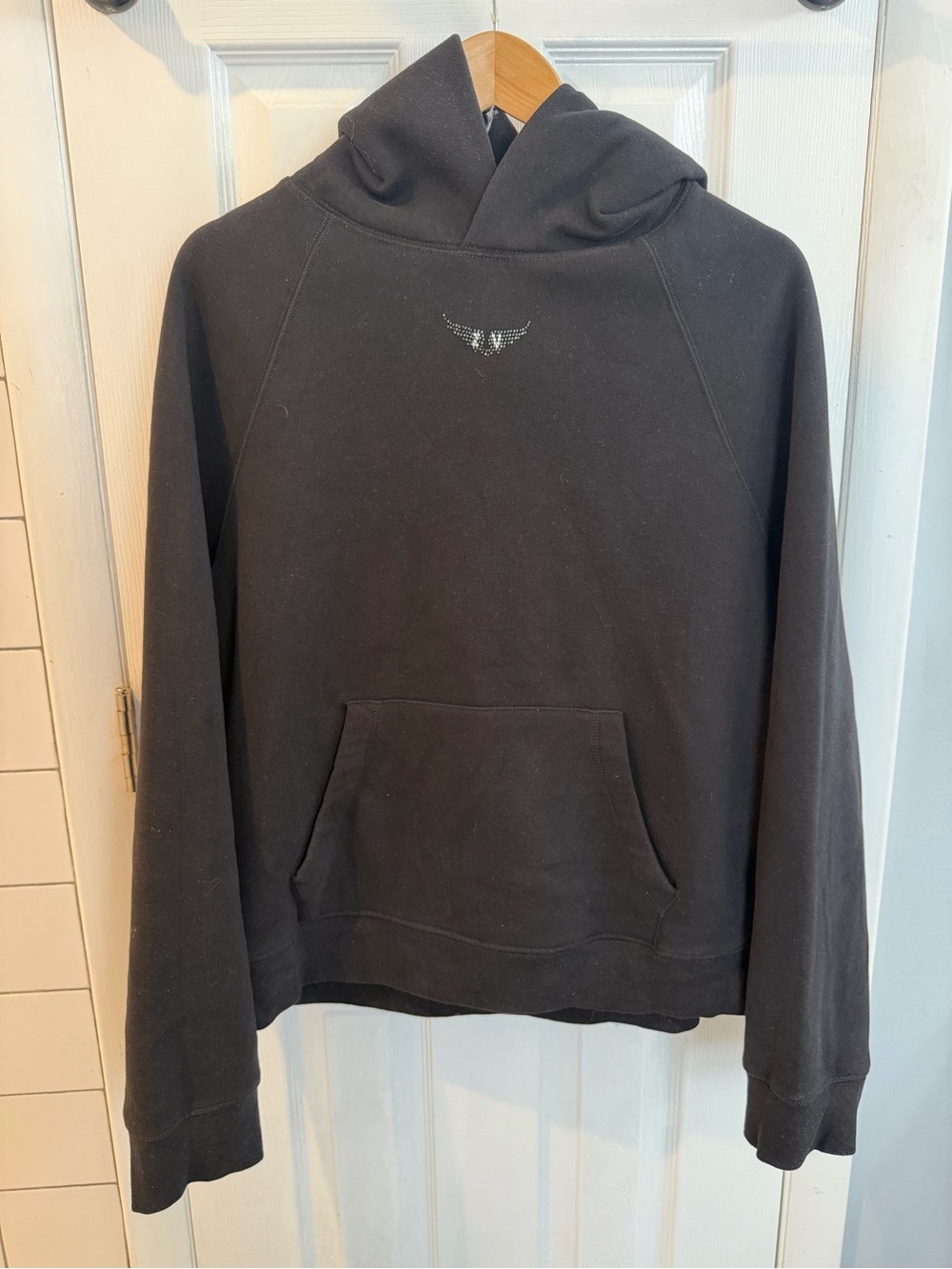 ZADIG & VOLTAIRE Black Hooded Sweatshirt with rhinestone logo, L, NEW, Luxury